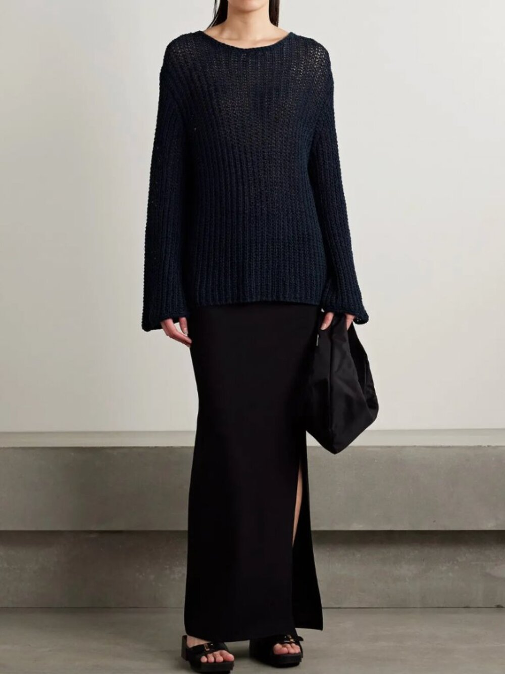 $1290 Khaite Blue Open Knit Oversized Pullover Cotton Sweater size Small